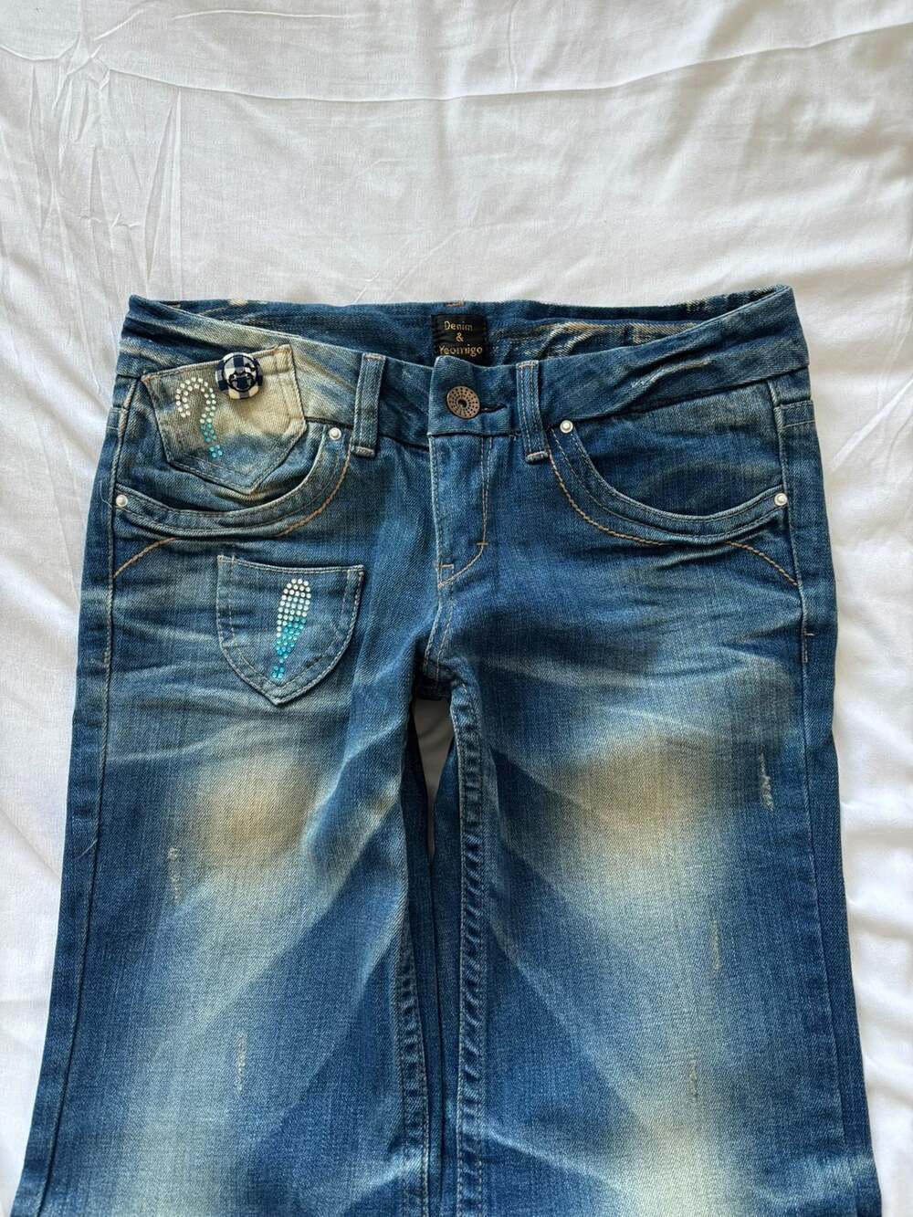 Vintage Japanese Brand Fade Wash Lowrise Flared Bootcut Denim Blue Jeans size 28